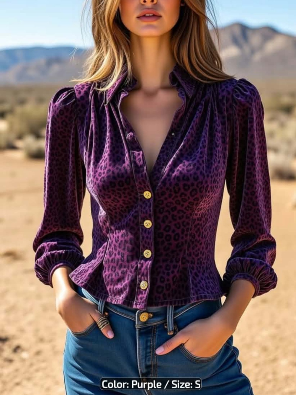 Purple Long-Sleeve Leopard Velvet Button-Front Top